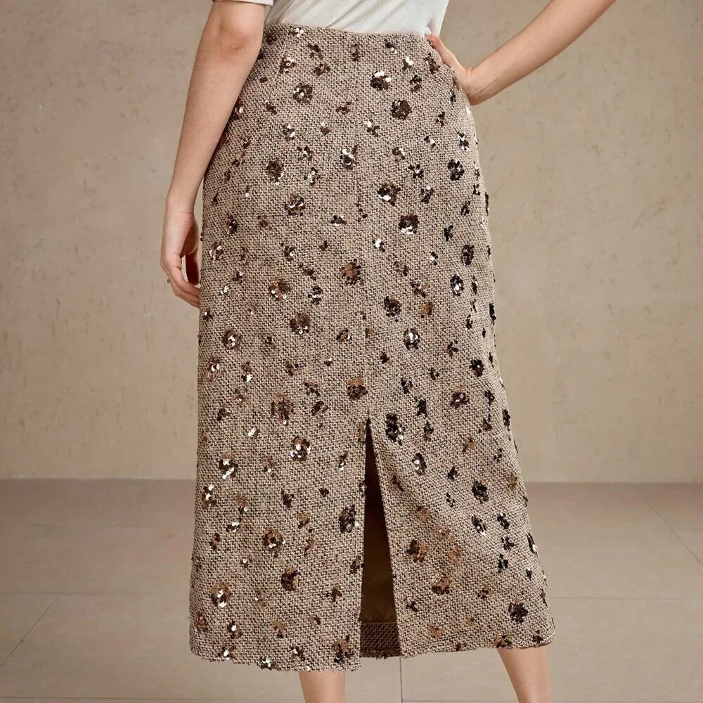 Gold Elegant Women's High Waist Floral Sequin Decor Straight Loose Skirt Skirts
